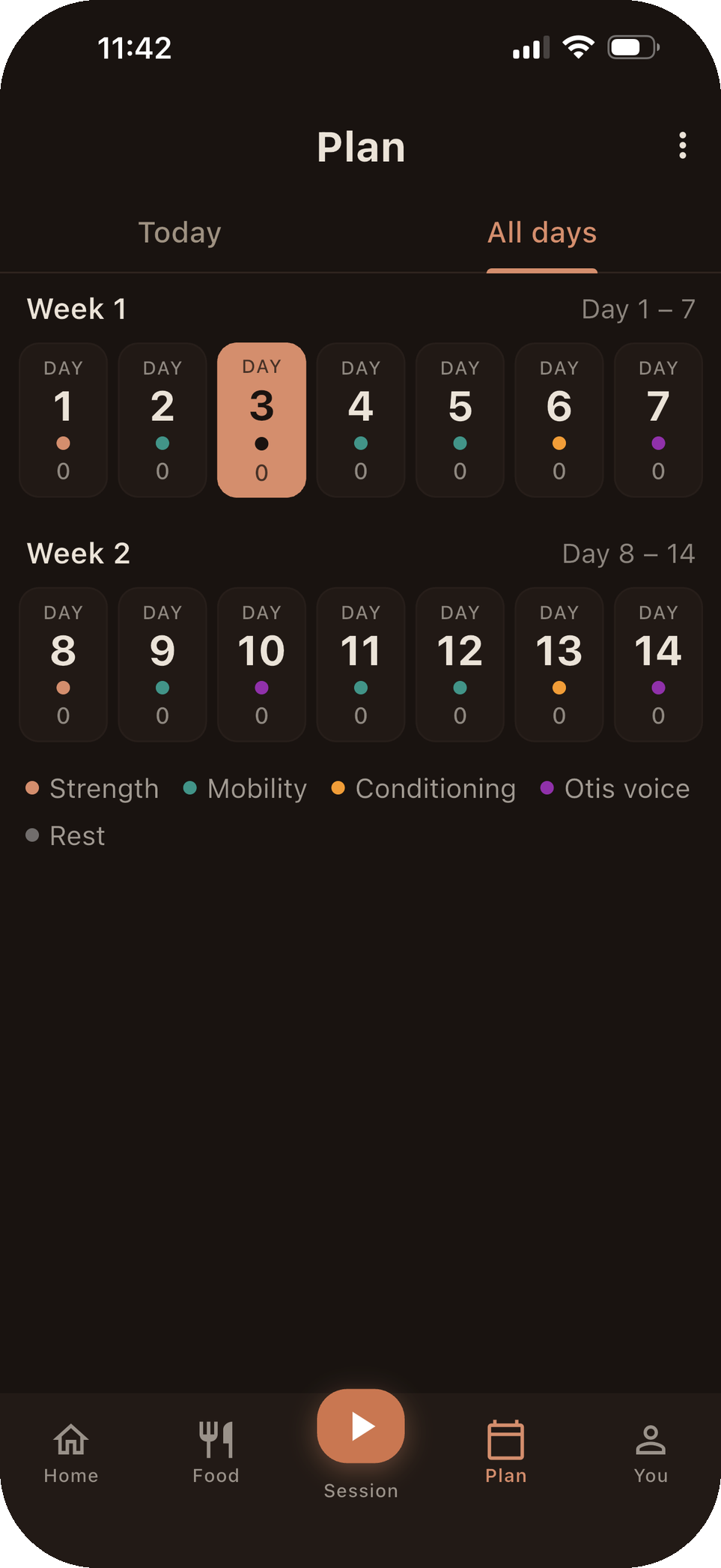 Coach Otis 14-day plan calendar across two weeks