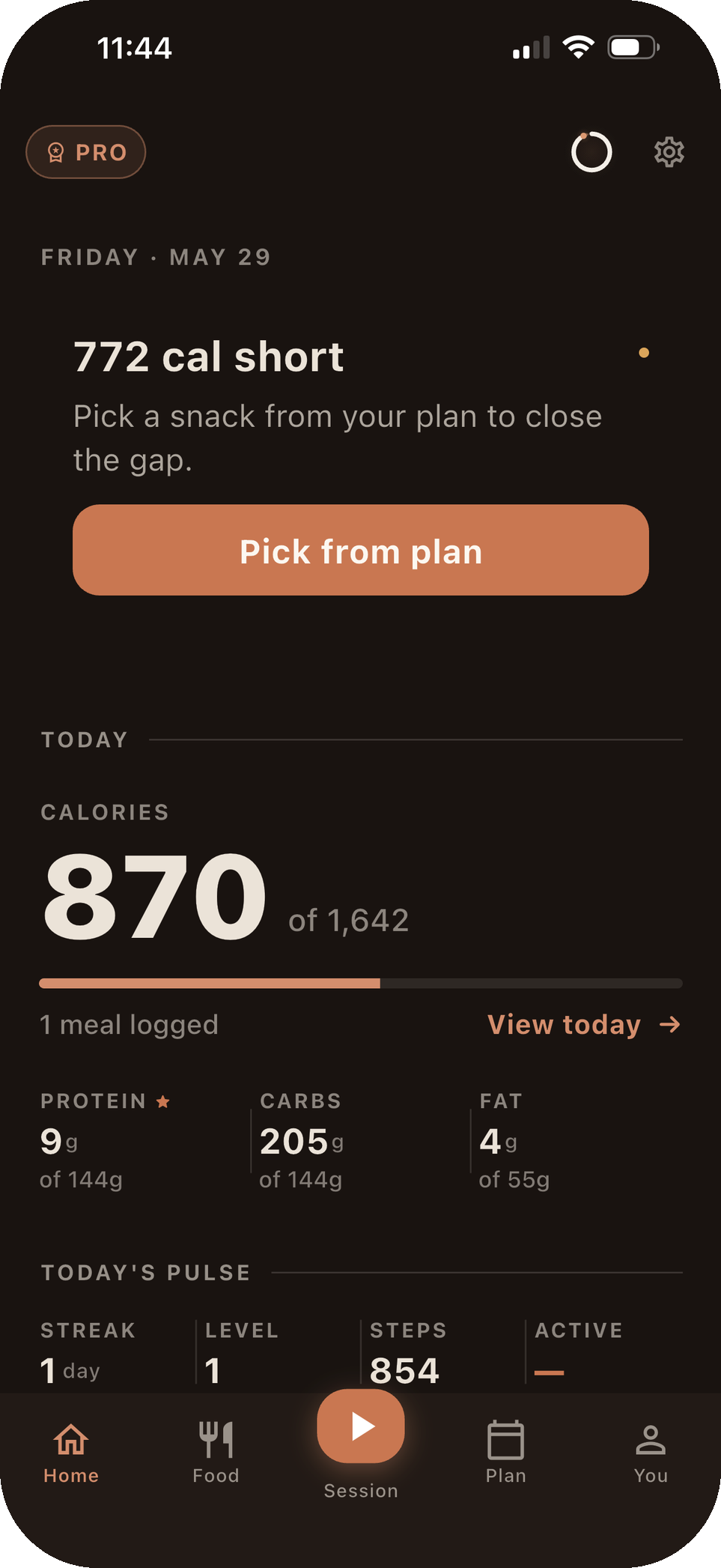 Coach Otis daily dashboard showing calories and macros