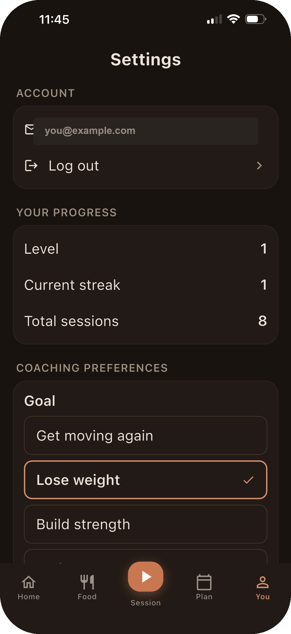 Coach Otis settings showing goals and coaching preferences